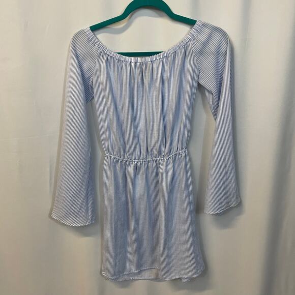 L'Academie Blue Stripe Bell Sleeve Off Shoulder Front Cut Out Tie Dress XS - Picture 6 of 6